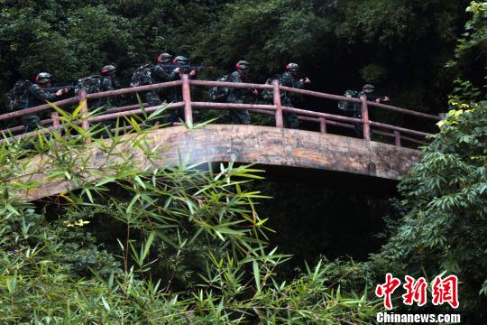 圖為來自武警福建總隊三明、龍巖、南平支隊100余名特戰(zhàn)隊員在福建省三明市永安?揲瞪嬌?展特戰(zhàn)極限練習。　胡鑫 攝